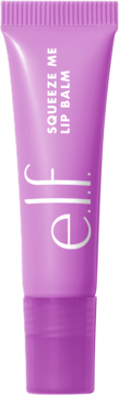 Liliowy, wegański balsam do ust e.l.f. Squeeze Me Grape w błyszczącej tubce, z białym logo, widok z przodu.