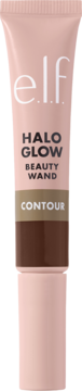 Płynny bronzer e.l.f. Halo Glow Contour Beauty Wand, odcień Tan Deep. Różowa tubka z brązowym paskiem CONTOUR.