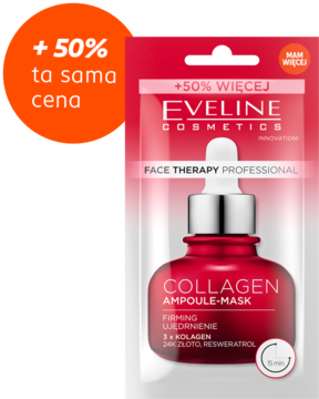 Eveline Collagen Ampoule-Mask, ujędrniająca maska z 24K złotem, czerwone opakowanie, z promocją +50% więcej.