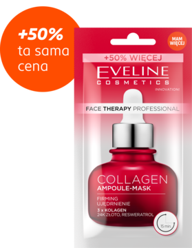 Ujędrniająca maska Eveline Collagen Ampoule-Mask 50% więcej, czerwone opakowanie z pipetą, widok przodem.