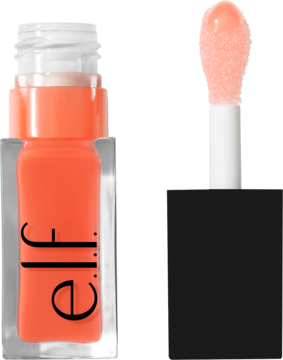 Olejek do ust e.l.f. Glow Reviver Coral Fixation. Otwarty, z koralowym płynem i puszystym aplikatorem z boku.