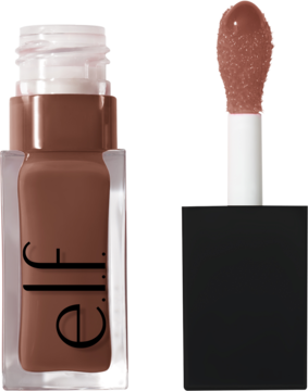 Otwarta szklana butelka e.l.f. Glow Reviver olejek do ust Honey Talks z brązowym płynem i aplikator obok.