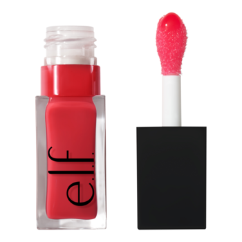 E.l.f. Glow Reviver Lip Oil Red Delicious, koralowy olejek w przezroczystej butelce, obok duży aplikator.