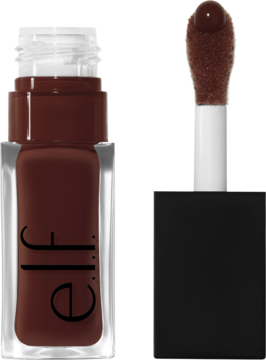 e.l.f. Glow Reviver Lip Oil Hot As Fudge, ciemnobrązowy, odżywczy olejek do ust w butelce i obok aplikator.