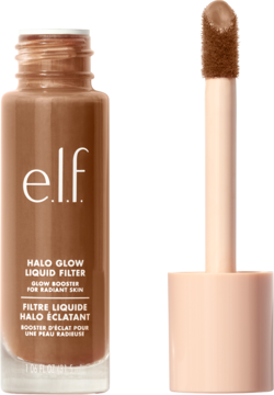 e.l.f. Halo Glow Liquid Filter Tan/Deep Warm, butelka brązowego rozświetlacza z aplikatorem, widok z przodu.