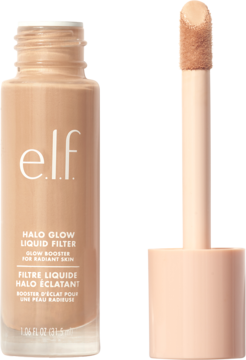 e.l.f. Halo Glow Liquid Filter, rozświetlacz w butelce z aplikatorem, beżowy odcień, widok z przodu.