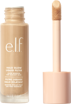 Rozświetlacz e.l.f. Halo Glow Liquid Filter w beżowej butelce, aplikator z produktem obok, widok z przodu.