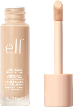 e.l.f. Halo Glow Liquid Filter, beżowy rozświetlacz w szklanej butelce, widok z przodu, aplikator obok.