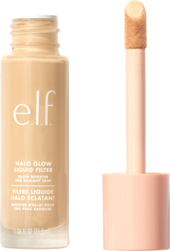 e.l.f. Halo Glow Liquid Filter Fair Cool, beżowa butelka z aplikatorem do rozświetlania twarzy, widok z przodu.