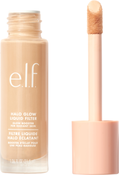 e.l.f. Halo Glow Liquid Filter, płynny rozświetlacz w jasnej butelce z aplikatorem typu doe-foot, widok z przodu.