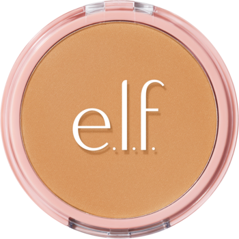 Utrwalający puder e.l.f. Halo Glow Powder Filter, beżowy wkład w różowej puderniczce z białym logo, widok z góry.