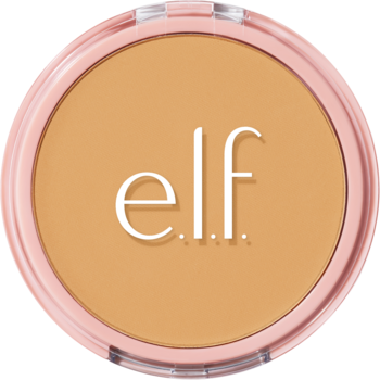 e.l.f. Halo Glow Powder Filter, beżowy puder w okrągłym różowym kompakcie z logo 'elf', widok z góry.