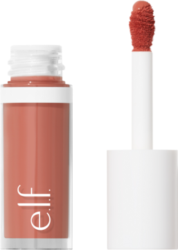 e.l.f. Camo róż w płynie Dusty Rose. Otwarty flakon z widocznym różowo-brązowym płynem i białym aplikatorem.