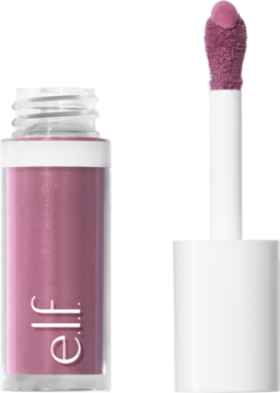Otwarty płynny róż e.l.f. Camo Bold-Faced Lilac w buteleczce, aplikator z różowym produktem obok.