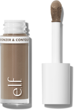 e.l.f. Camo Płynny Bronzer & Kontur w odcieniu Fair, z otwartą butelką i brązowym aplikatorem obok.