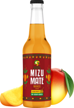 Pomarańczowy MIZU MATE Mango z yerba mate w szklanej butelce, czerwona etykieta, obok mango, widok z przodu.