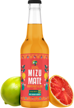 Butelka Mizu Mate Grapefruit & Lime, napój yerba mate bez cukru, z limonką i różowym grejpfrutem. Widok z przodu.