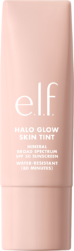 Różowa tubka e.l.f. Halo Glow Skin Tint SPF 50, mineralny, wodoodporny, z białymi napisami, widok frontalny.