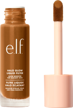 e.l.f. Halo Glow Liquid Filter, średniobrązowy płynny rozświetlacz w butelce z aplikatorem, widok z przodu.