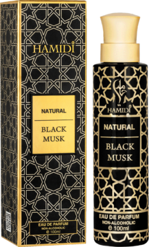 Czarna butelka i pudełko Hamidi Natural Black Musk Eau de Parfum 100ml ze złotymi, orientalnymi wzorami, widok z przodu.