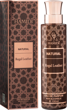 Perfumy Hamidi Natural Regal Leather 100ml w brązowym flakonie z miedzianym korkiem i orientalnym wzorem, obok pudełko.