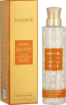 Zestaw Hamidi Natural Vanilla Elixir: złote pudełko z wzorem, przezroczysta butelka 100ml z pompką, widok przód.