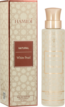 Hamidi Natural White Pearl: kremowa butelka perfum 100ml i beżowe pudełko z geometrycznym wzorem, widok z przodu.