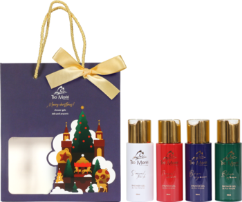 Zestaw prezentowy: fioletowa torba z kokardą, ilustracją choinki i 4 perfumy So...? (białe, czerwone, niebieskie, zielone).