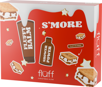 Fluff S'MORE zestaw prezentowy: balsam do ciała i olejek pod prysznic. Czerwone pudełko z grafiką s'mores, widok z przodu.