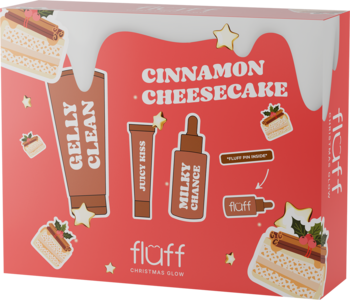 Fluff Christmas Glow Cinnamon Cheesecake, zestaw do twarzy w czerwonym pudełku z żelem, mleczkiem i błyszczykiem.