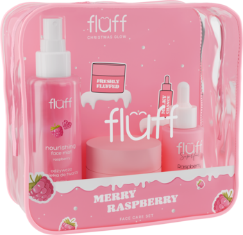 Zestaw Fluff Christmas Glow Merry Raspberry, różowy komplet do pielęgnacji twarzy: mgiełka, krem i mleczko w etui.