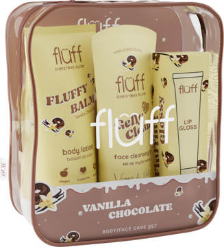 Zestaw Fluff Vanilla Chocolate: balsam, żel i błyszczyk w przezroczystej kosmetyczce, świąteczny design.
