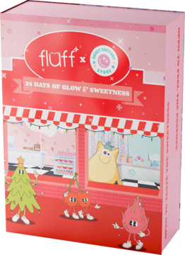 Fluff x Sweet Factory Store Kalendarz Adwentowy, czerwone opakowanie z rysunkami słodkości i postaci, widok z przodu.