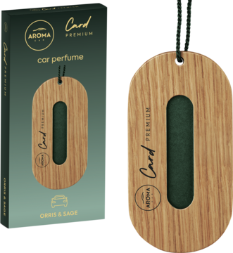 Drewniana zawieszka zapachowa AROMA car PREMIUM ORRIS & SAGE z zieloną linką, obok zielone pudełko. Widok z przodu.