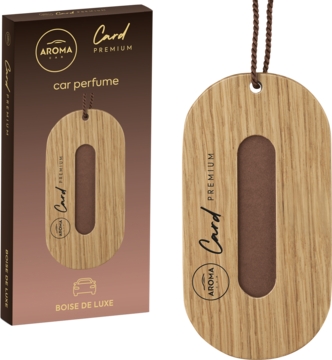 Drewniana zawieszka zapachowa AROMA Card Premium do samochodu, owalna z wycięciem, widoczna z brązowym pudełkiem.