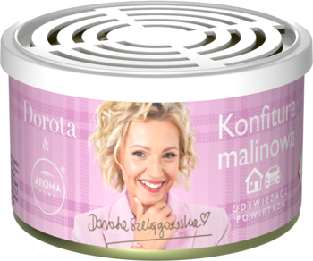 Różowo-biały odświeżacz powietrza Aroma Home Dorota Szelągowska o zapachu malinowej konfitury, widok z przodu.