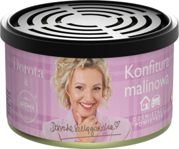Odświeżacz powietrza Dorota & Aroma Home Konfitura malinowa, różowa puszka, portret Szelągowskiej.