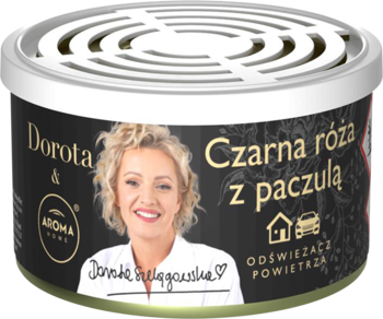 Organiczny odświeżacz powietrza Dorota Szelągowska Czarna róża z paczulą, w okrągłej puszce, widok z góry.
