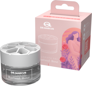 Dr. Marcus Flowerista Gel Radiant Rose, odświeżacz powietrza w słoiczku z białą nakładką, obok różowego pudełka.