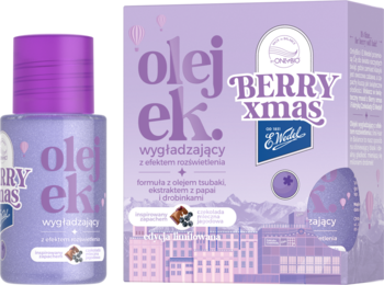 Olejek wygładzający E.Wedel Berry Xmas w fioletowej butelce i opakowaniu z zimowym wzorem.