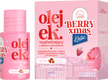 Różowy olejek wygładzający BERRY xmas w butelce i pudełku, z truskawkami i papają, widok z przodu.