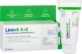 Krem Linovit A+E ochronny z witaminami A+E, biało-zielone pudełko i tubka na suchą skórę, widok przodu.