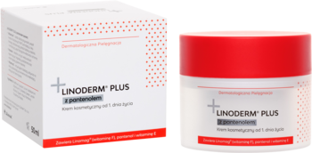 Linoderm Plus z pantenolem: biały kartonik i słoik z czerwoną pokrywką, dermatologiczny krem kojący.