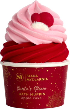 Muffinka do kąpieli Santa's Glove, czerwono-różowa, z logo Stara Mydlarnia, widok z przodu.