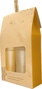 Złoty zestaw prezentowy Stara Mydlarnia: kremy do rąk Orange Cinnamon i Sandalwood, widok z przodu.