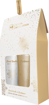 Stara Mydlarnia Sweet Vanilla & Cashmere hand cream set in a white and gold glittered gift box, angled view.