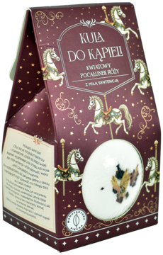 Bordowe opakowanie kuli do kąpieli Kwiatowy Pocałunek Róży z karuzelami, częściowo widoczna biała bomba.