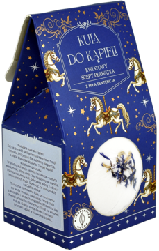 Kula do kąpieli Kwiatowy Szept Bławatek w niebieskim pudełku z karuzelami, z białym wkładem, widok z przodu.