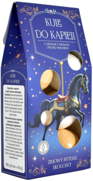 Granatowe pudełko kuli do kąpieli z awokado i pestek winogron, z grafiką karuzeli, widok z przodu.