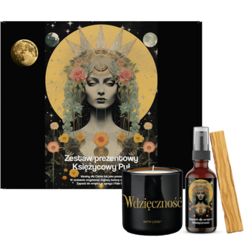 Zestaw Księżycowy Pył Wdzięczność: plakat z wizerunkiem kobiety, czarna świeca, brązowy spray, palo santo.
